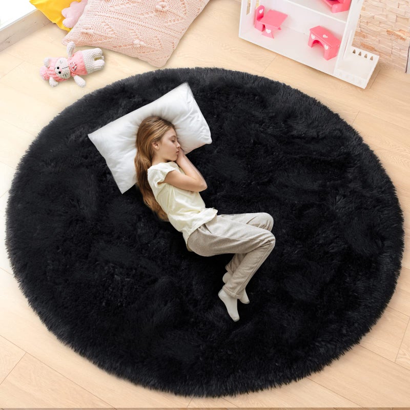 junovo Round Rug 4x4 Feet Fluffy Soft Area Rugs for Kids Girls Room Princess Castle Plush Shaggy Carpet Cute Circle Nursery Rug for Kids Girls Bedroom Baby Room Home Decor Circular Carpet, Black - Image 1